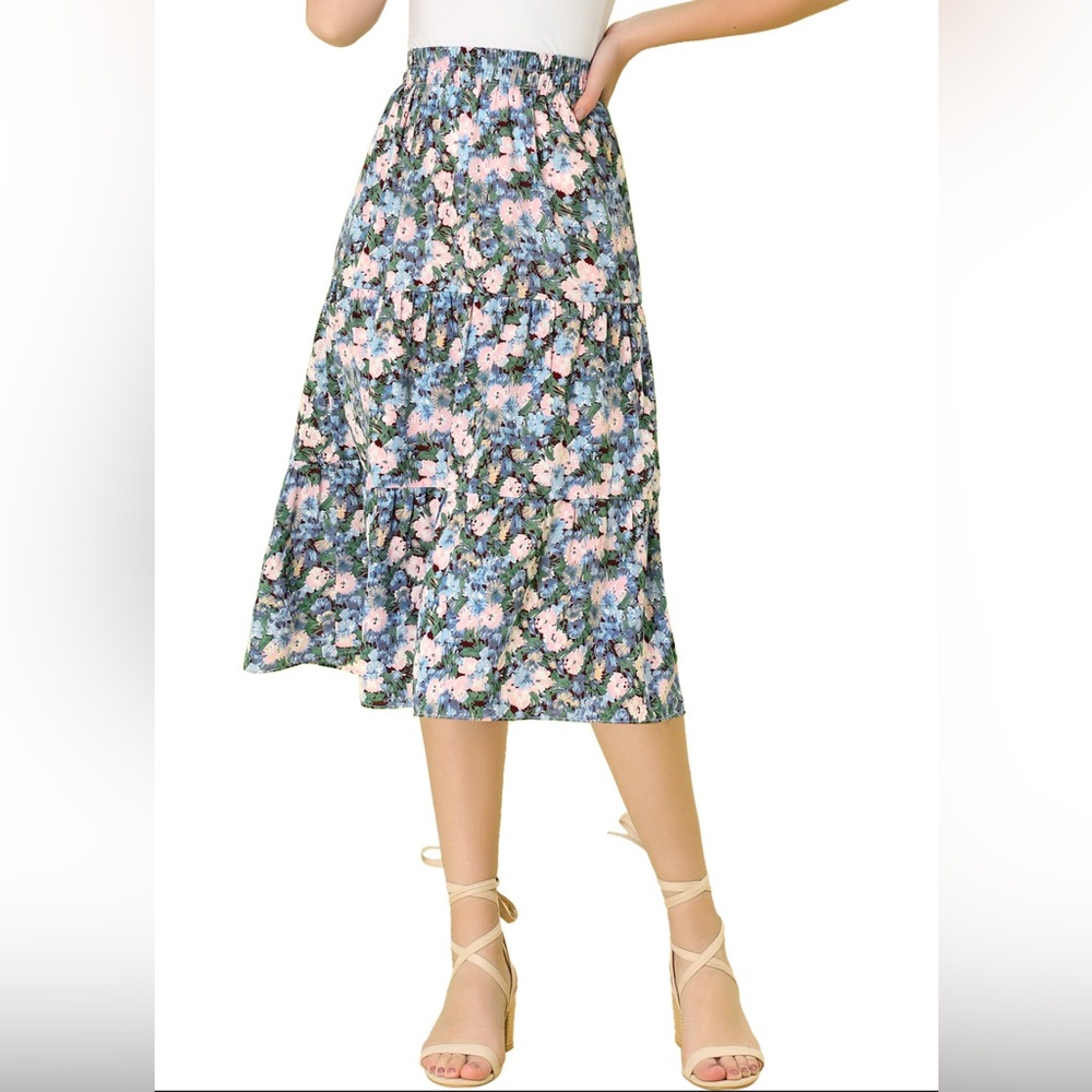 dressbarn Blue Floral Tiered Midi Skirt